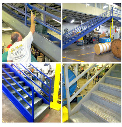 collage of stairway being painted blue in industrial factory